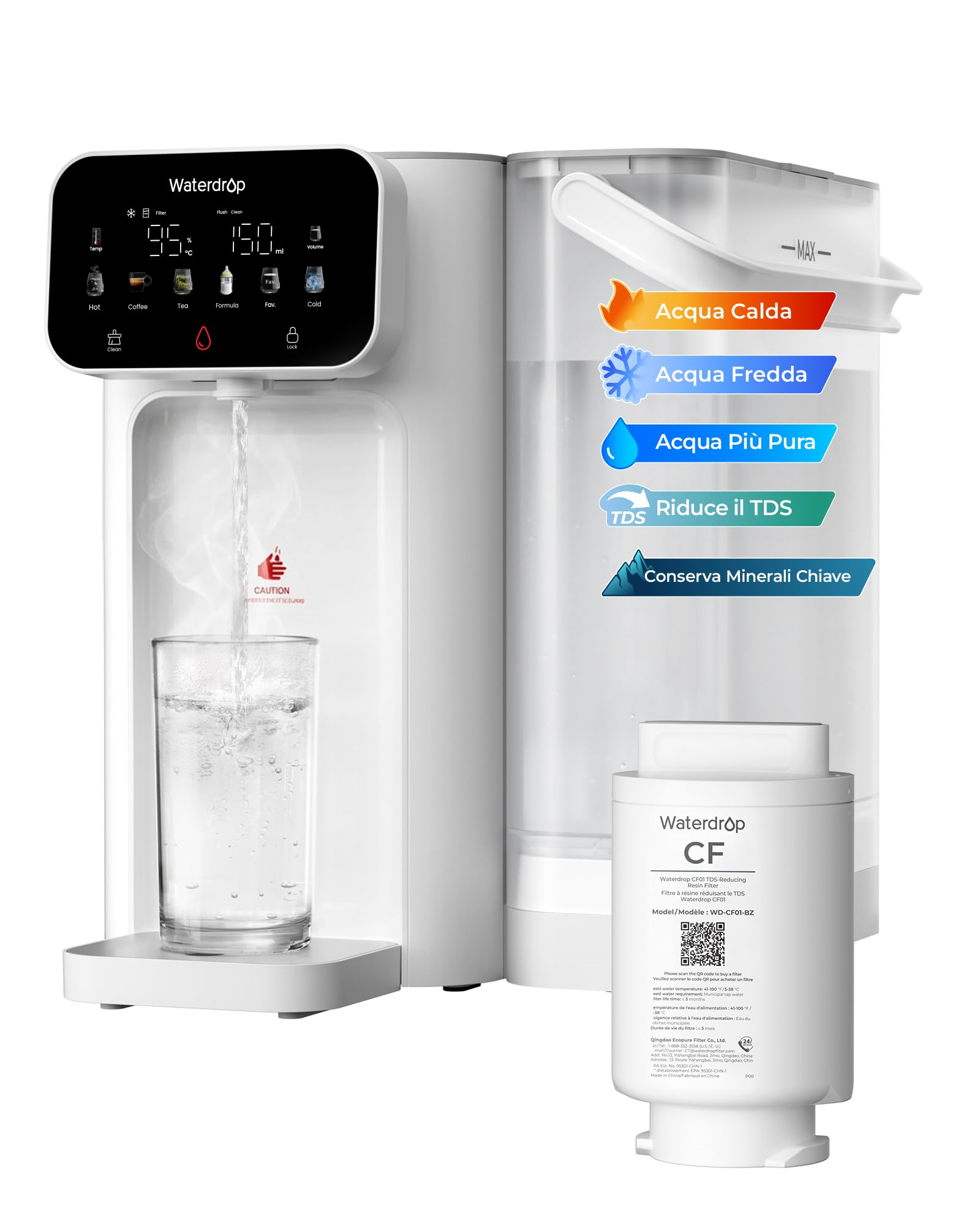 Waterdrop CT01 Dispenser Acqua Calda e Fredda, Riduce TDS e Calcare, 5 L